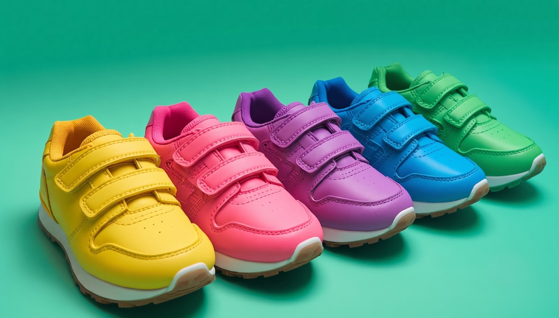 A pair of soft sage and coral toddler sneakers on a warm wooden floor